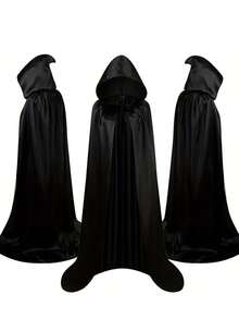 1 Set - Halloween Cloak Cape Cosplay For Adults & Kids, Black Medieval Wizard Robe, Death Priest Hooded Cloak + Matching Wig Suitable For Halloween Party - Multicolor - View 1