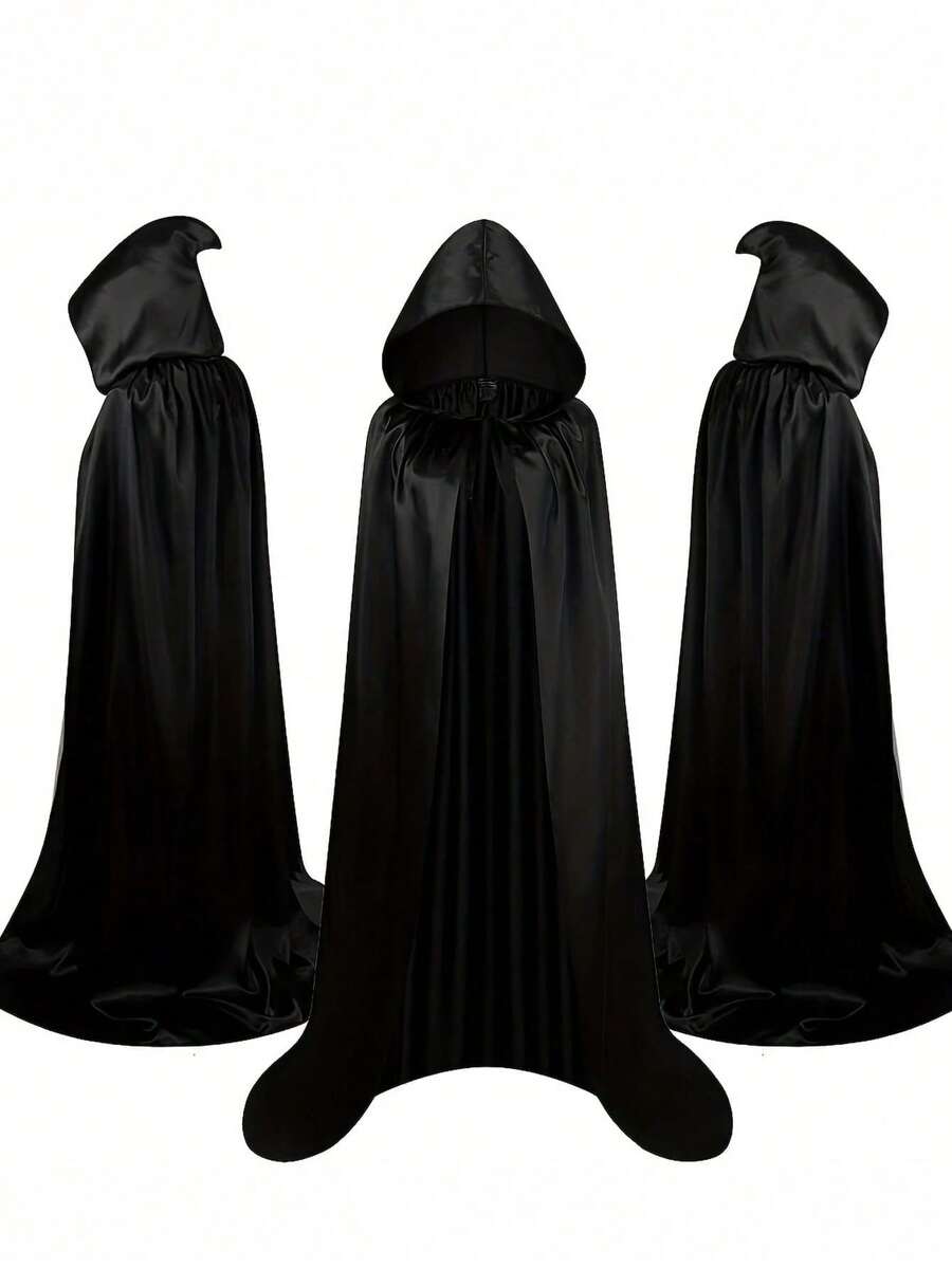 1 Set - Halloween Cloak Cape Cosplay For Adults & Kids, Black Medieval Wizard Robe, Death Priest Hooded Cloak + Matching Wig Suitable For Halloween Party - Multicolor - View 1