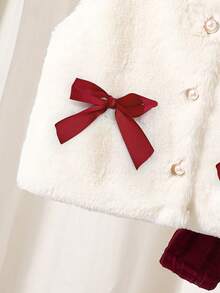 2pcs/Set Girls Long Sleeve Plush Lantern Sleeve Dress & Fluffy Vest Cardigan Set, Bowknot, Suitable For Spring, Autumn, Winter, Party, Christmas, Outdoor Daily Wear