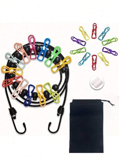 حبل غسيل قابل للسحب محمول مع 12 مشبك للسفر، تجفيف الغسيل الداخلي، التخييم في الهواء الطلق، مشابك تموضع مطاطية مقاومة للرياح، بطراز كوري