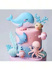 11pcs Or 1pc Marine Animal Cake Decorations, Whales, Dolphins, Porcupines, Jellyfish, Octopuses, Shells, Corals And Other Underwater Animals, Marine Theme Cake Decoration Set, Birthday Cake Baptism Cake Decoration, Soft Clay Handmade With Slight Defects(Do Not Touch The Cake; Please Use It With The Stick.) - Multicolor - View 3