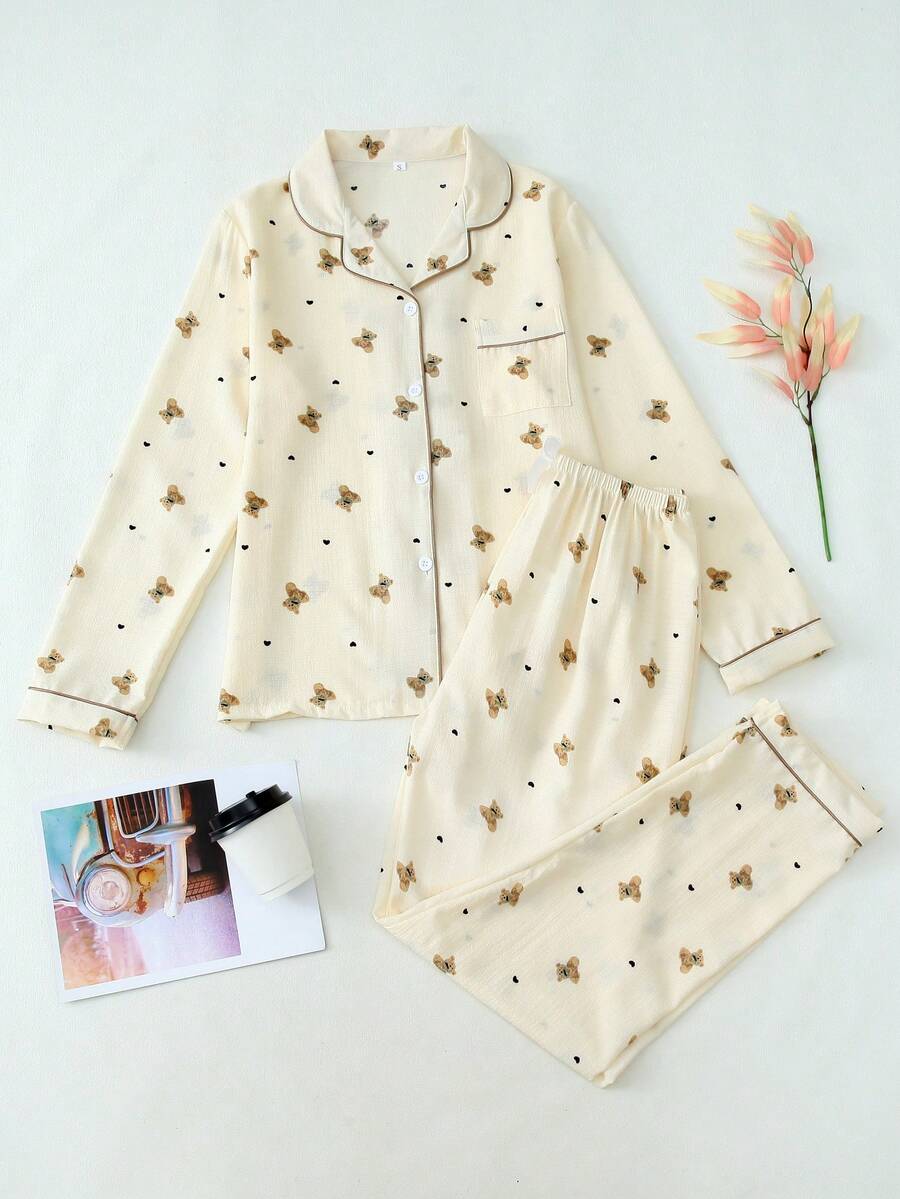 Conjunto de pijama de manga larga con estampado de corazón y oso, ropa de otoño e invierno para mujer