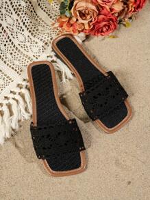 女士夏季新款黑色蕾丝镂空钩花奢华时尚百搭拖鞋，亚麻鞋垫-夏日沙滩休闲风，网红推荐的复古波西米亚风，仙气十足的法式简约度假平底凉鞋