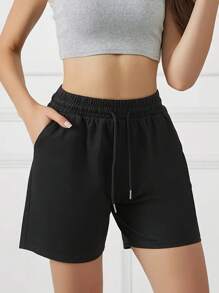 3 件纯色休闲短裤，抽绳松紧腰跑步健身短裤，女士运动服 - 黑色 - 查看 1