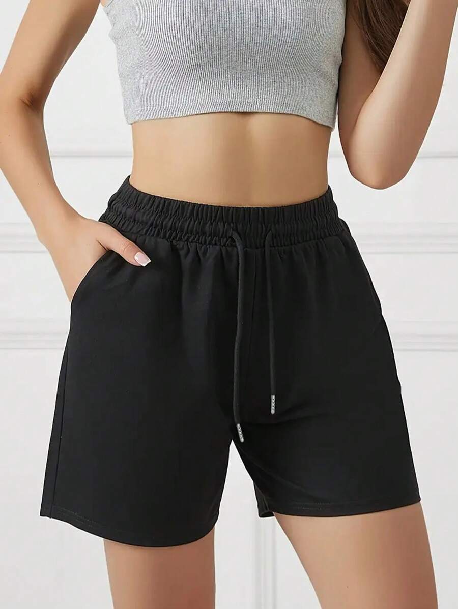 3 件纯色休闲短裤，抽绳松紧腰跑步健身短裤，女士运动服 - 黑色 - 查看 1