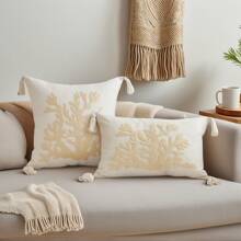 1pc Beige Coral Embroidery Cushion Cover - Linen Fabric With Tassels On Four Corners, Suitable For Modern Country Style Interior Decor, Sofa Throw Pillow Case/Cushion Cover, Daily Use & All-Season Decor, Insert Not Included