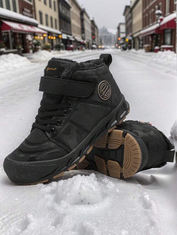 1 Pair Teenager Snow Boots, Black Color, Hook-And-Loop Lace-Up, Letter Design, TPR Thick Sole, Fabric Letter Decor, Round Toe Mid-Calf, Thermal Lined, Casual & Comfortable, Suitable For Indoor & Outdoor, Winter, Teenager Black Snow Boots