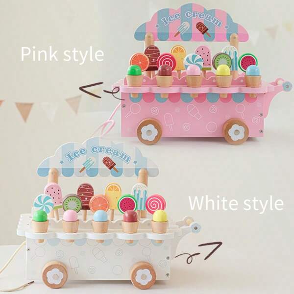 Expositor de madera en forma de carrito de helados, helados/paletas danesas nobles, juguete educativo de juego de roles para niños