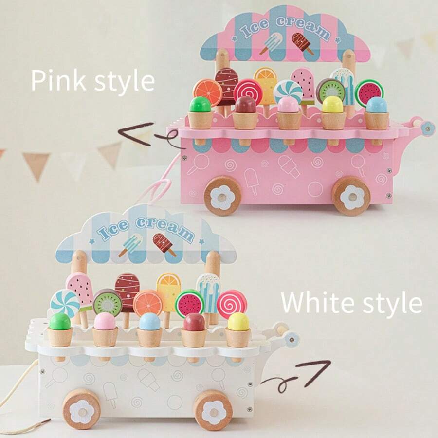 Expositor de madera en forma de carrito de helados, helados/paletas danesas nobles, juguete educativo de juego de roles para niños - Multicolor - Ver 1