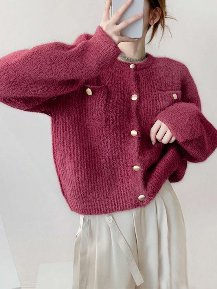 Women's Casual Round Neck Cardigan, Autumn/Winter - Hot Pink - View 4