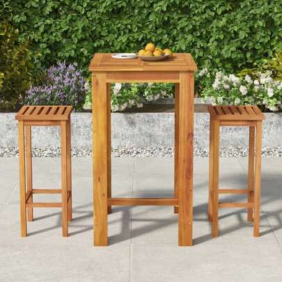 vidaXL Conjunto de bar de jardín de madera de acacia natural, reposapiés de madera, mesa de bar cuadrada contemporánea y duradera para exteriores, conjunto de comedor de patio de muebles de madera de acacia