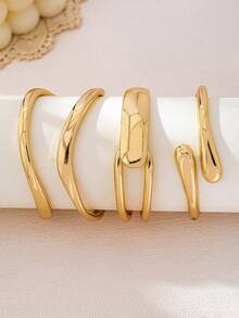 3 件/1 套时尚简约金属金色光滑波浪双层线镂空水滴手镯套装女士 - 金黃色 - 查看 10