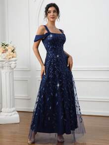 女式深蓝色刺绣露肩A字长款闪亮派对生日连衣裙 - 寶藍色 - 查看 2
