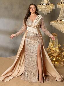 Elisanya Curve Plus Women's V-Neck Long Sleeve High Slit Fishtail Formal Evening Gown | Elegant Design - Champagne - View 1