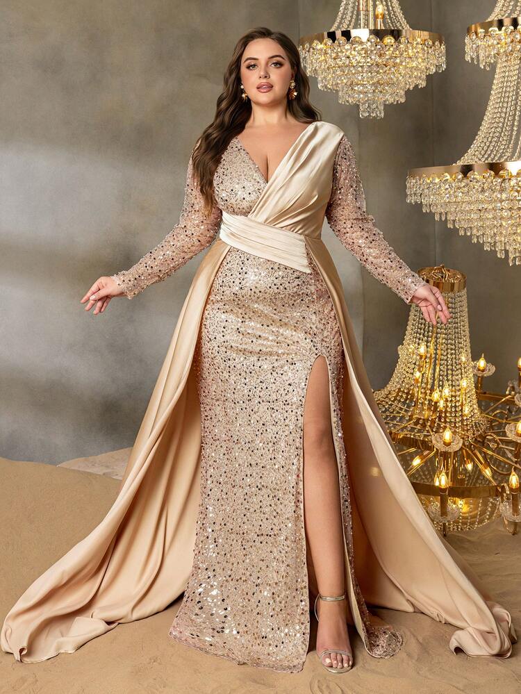 Elisanya Curve Plus Women's V-Neck Long Sleeve High Slit Fishtail Formal Evening Gown | Elegant Design - Champagne - View 1