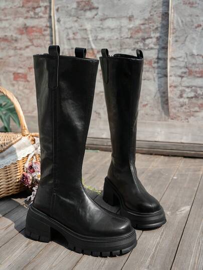 New Women's Uniform Boots, Round Toe, Chunky Heel, Back Zipper Design, All-Season Black Mid-Calf, Suitable For Daily Outdoor Commute, Thick Sole