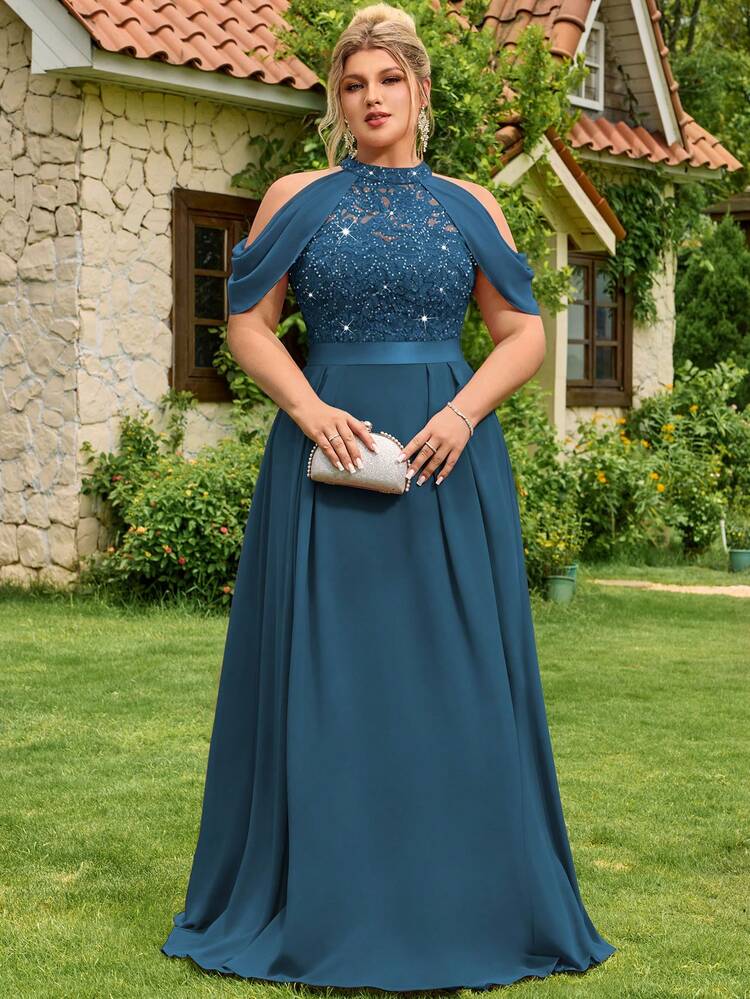 Plus Halter Neck Sequin Floral Lace Cutout Shoulder Cape Sleeve Contrast Chiffon Pleated Hem Formal Party Dress Prom Wedding Guest Gown, For Graduation, Dinner, Birthday - Dusty Blue - View 3