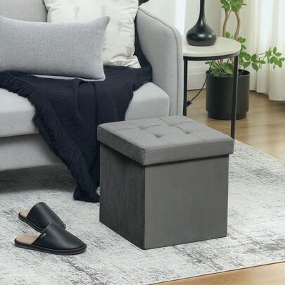 HOMCOM Foldable Ottoman Storage Box, Velvet-Feel Storage Ottoman With 37.6L Capacity, Foot Stool For Living Room, Bedroom, 38 X 38 X 38 Cm, Grey