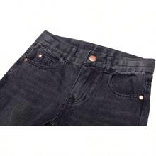 Back To School Boys Adjustable Waist Jeans: Cowboy Low Waist Ripped Cotton Straight Slim Pant - 黑色 - 查看 3