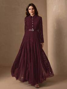 Elegant Women's Rhinestone Collar A-Line Mesh Patchwork Bodycon Dress Spring - Burgundy - View 7