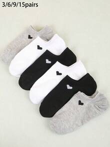 3/6/9/15双装男女通用爱心透气低帮袜，时尚百搭休闲袜，隐形袜，吸湿排汗简约风格，适合所有季节和场合 - 彩色 - 查看 5