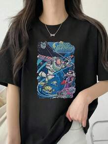 Short Sleeve Round Neck T-Shirt With Cartoon Image Printed On It, Casual And Fashionable Short Sleeve T-Shirt, Micro Elastic, Non-See-Through, Easy To Care For Material, Ideal Daily Wear, Ladies T-Shirt - 黑色 - 查看 1