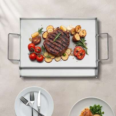 Stainless Steel Griddle, 17x13 Inch Universal Flat Top Rectangular Plate, Gas Grill Griddle For BBQ Grill, Teppanyaki, Portable Family Cookware With Handle, For Camping Tailgating Party