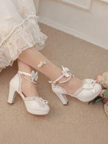 Block Chunky High Heels Pumps For Women Cute Bow Ruffle Ankle Strap Pearl Chain Platform Lolita Style Pumps Woman - 白色 - 查看 4