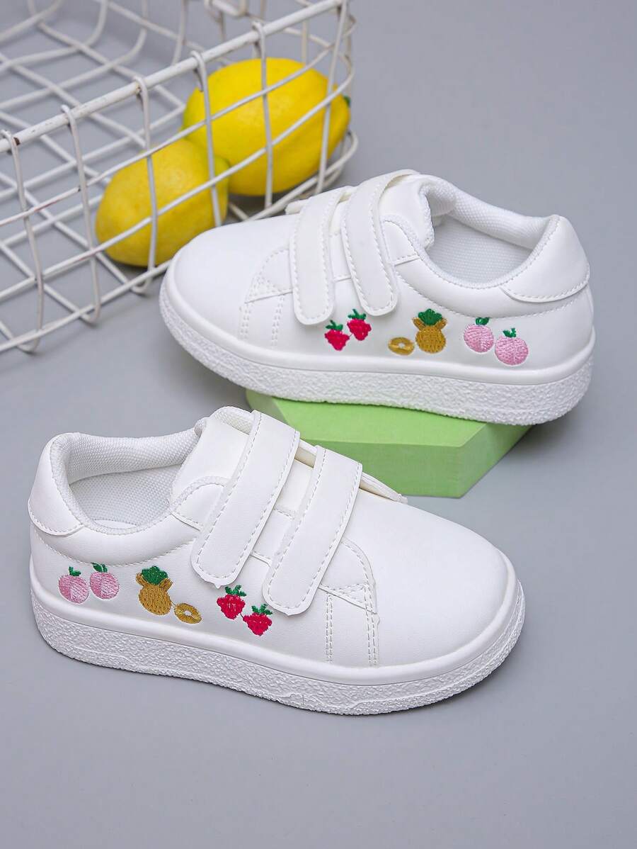 1 双婴儿水果刺绣休闲白色运动鞋，男女通用幼儿舒适日常穿着钩环运动鞋 - 白色 - 查看 1