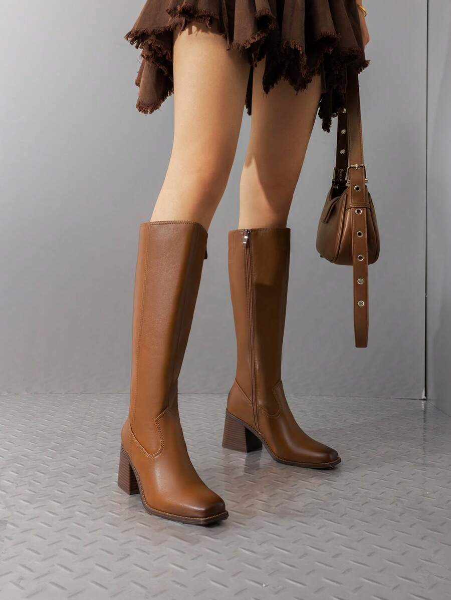 Women's Square Toe Knee High Boots Chunky Heel Side Zipper  Classic Solid Color Fashionable Y2K Party Tall Boots - 棕色 - 查看 1