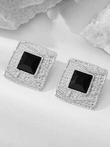 1 对奢华时尚夸张创意波浪纹方形水钻耳钉，适合女士晚会、鸡尾酒会、旅行、节日礼物 - 古銀色+黑色 - 查看 4