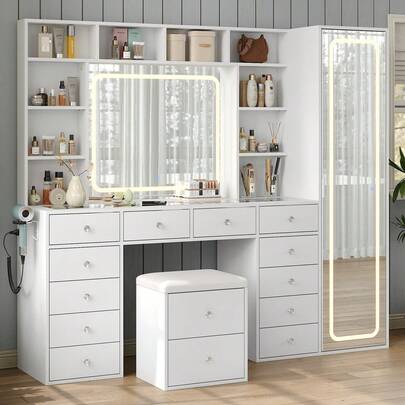 Yanosaku Vanity Desk With Full-Length & LED Mirror, 14 Drawers, 10 Shelves, Hidden Storage, Power Outlet, Dimmable 3-Color Lighting, White Makeup Vanity For Bedroom