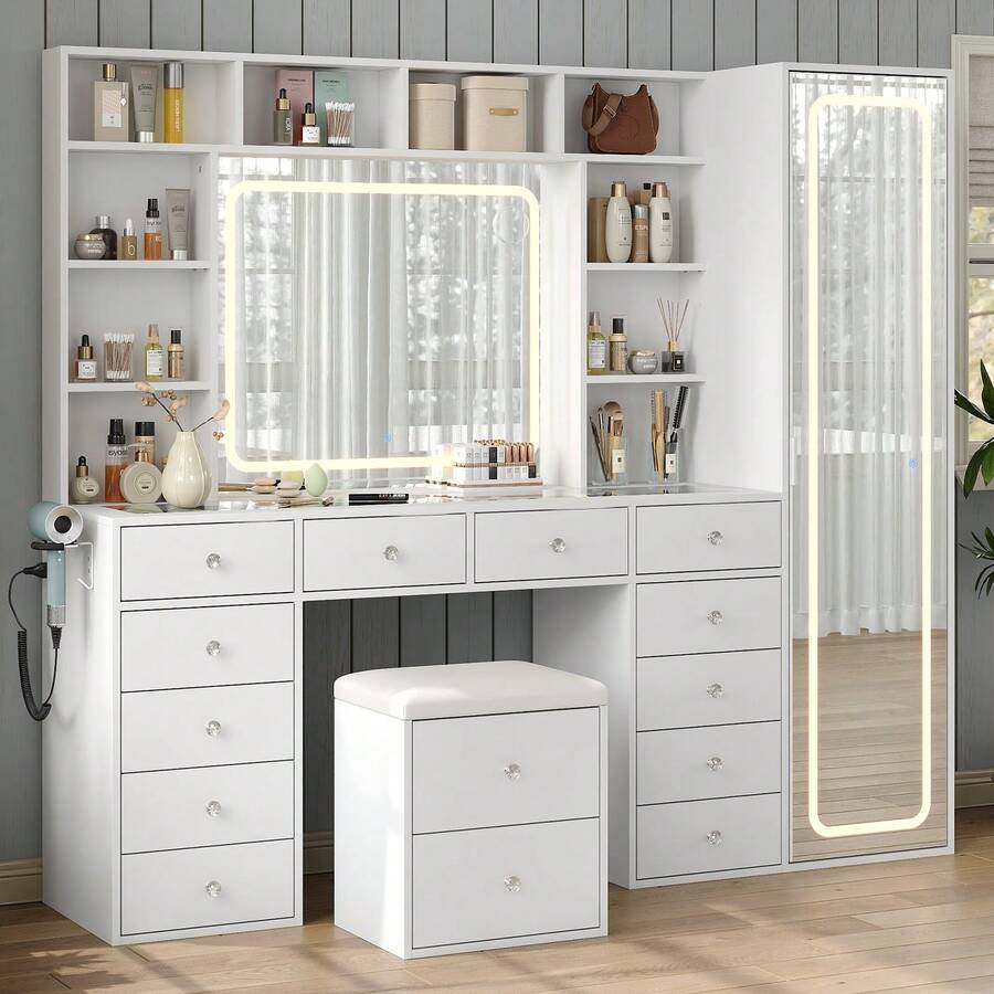 Yanosaku Vanity Desk With Full-Length & LED Mirror, 14 Drawers, 10 Shelves, Hidden Storage, Power Outlet, Dimmable 3-Color Lighting, White Makeup Vanity For Bedroom - 查看 1