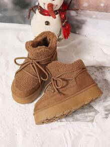 Tropiscape 女士新款厚底雪地靴，冬季保暖内衬复古系带羊皮雪地靴，防滑时尚短靴，米色、黑色、棕色可选，圣诞礼物 - 棕色 - 查看 10