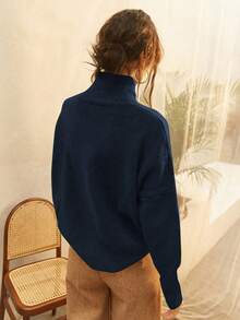 Knit Mix Áo len nữ cổ cao dáng rộng, thích hợp cho mùa thu/đông, áo chui đầu tay dài dày dặn, thiết kế họa tiết đồng xu cổ điển, thời trang đa năng cho Giáng sinh, Năm mới, Ngày lễ tình nhân, mùa tựu trường. - Hải quân - Xem 3