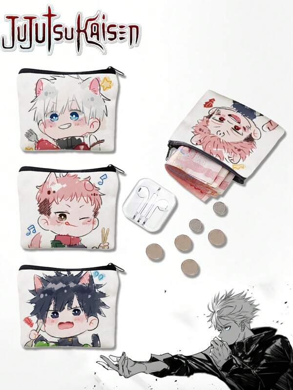 Jujutsu Kaisen 1pc Gojo Anime Peripheral Personalized Fashion Cute Cartoon Pattern Mini Wallet High Beauty Men's And Women's Change Bag Cute Printed Stationery Bag Change Card Bluetooth Earphone Storage Bag