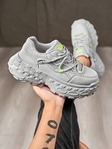 Men's Personalized Grey Patchwork Fashion Versatile Double Shoelace Niche Casual Sports Shoes, Street Style Comfortable Front Lace-Up Couple Running Shoes With Octopus Foot Design - Grey - View 10