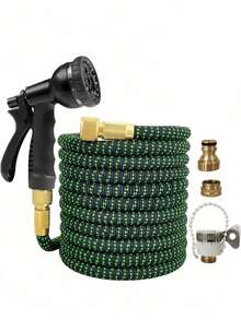 5pcs Expandable Garden Hose With 8-Pattern Spray Nozzle, Metal Connectors, Home Cleaning Car Washing Irrigation Supplies - Dark Green - View 1