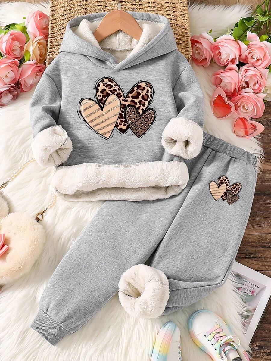 少女心印花保暖连帽衫和运动裤套装