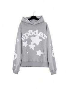 Spider Web Foam Print Hip-Hop Loose Terry Hooded Sweatshirt - nhện xám - Xem 2