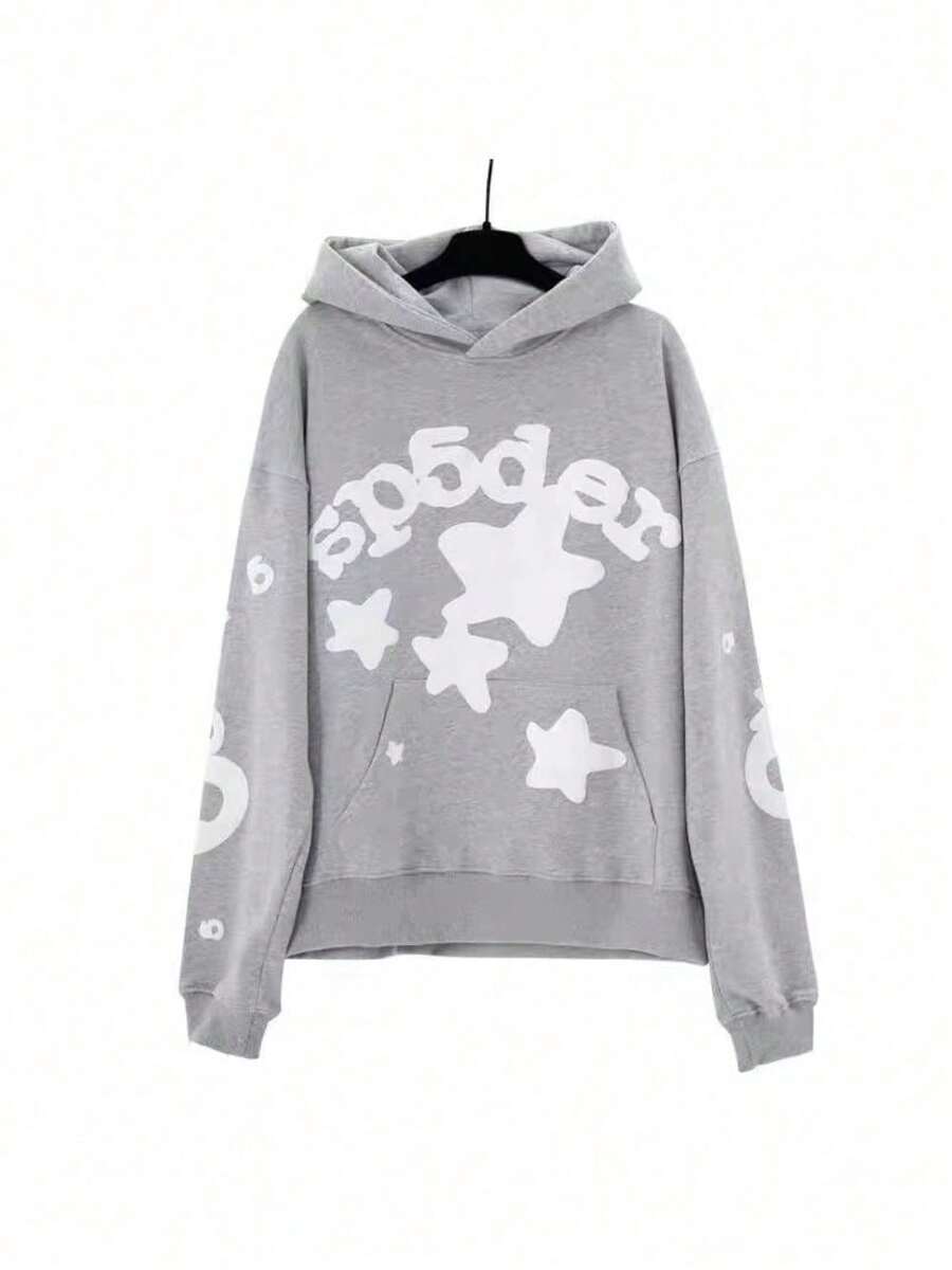 Spider Web Foam Print Hip-Hop Loose Terry Hooded Sweatshirt - nhện xám - Xem 1