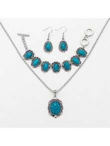 1 套复古波西米亚风格绿松石花卉几何图案首饰套装：2 件耳环、1 件手链、1 件项链，适合女士和女孩，适合约会、聚会、派对、度假、日常佩戴 - 彩色 - 查看 5