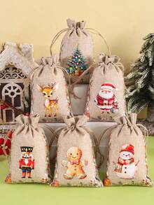 6 pezzi Borse regalo in juta con motivi natalizi ad acquerello, con laccetti, con disegni misti di Babbo Natale, Schiaccianoci e soldato, borse in lino riutilizzabili per feste, ideali per confezioni regalo, baby shower, decorazioni natalizie per la casa 2025, borse multiuso per regali Capodanno 2026