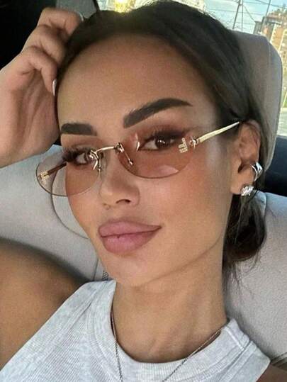 1 Pair Women's Champagne Oval Frameless Metal Leg Edgy Small Frame Fashion Eyeglasses, Suitable For Everyday Wear Oval Shape Shades