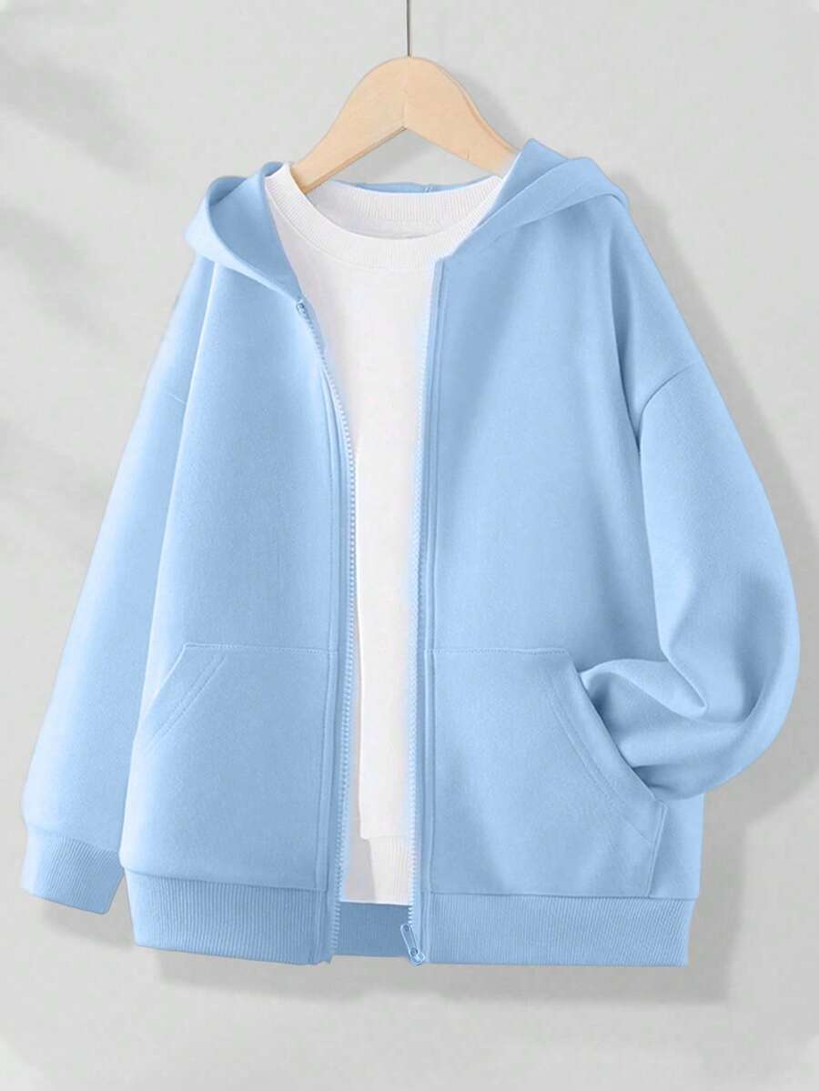 Tween Girls Medium And Large Children's Hooded Zipper Sweatshirt With Pockets, Autumn And Winter, Simple Style Nice - Baby Blue - View 1
