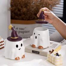 1 个可爱鬼咖啡杯，480ml/16.21oz 创意 3D 万圣节女巫帽鬼马克杯，手工制作可重复使用的牛奶杯茶杯，适用于餐厅、家居、派对、咖啡厅、万圣节礼物 - 彩色 - 查看 4