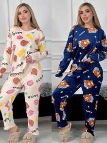 PIJAMA AFELPADA PARA DAMA CONJUNTO DE 2 PIEZAS PANTALON Y PLAYERA DE MANGA LARGA - Rosa - Ver 5