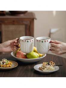 1/2pcs Ceramic Couple Mugs, Embossed Holiday Pattern - Christmas And Valentine's Day Gifts, Home Kitchen Red Handle Dishwasher Coffee Cups, Holiday Mug Gifts | Romantic Gift Mugs | Ceramic, Coffee Couples Gifts | Valentine's Day And New Year Gifts, Lady Milk Cup, Coffee Cup, Water Cup - Multicolor - View 6