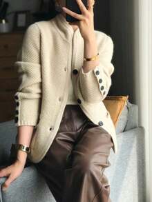 Women's Elegant Korean Style Loose Casual Commuter Sweater Cardigan, Vintage Wool Blend Knit Outerwear, Autumn/Winter - Màu be - Xem 5