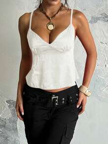 WOWDARK 女士夏季杏色吊带背心，时尚性感V领缎面提花休闲上衣，适合情人节、约会、旅行、度假、海滩等场合。 - 杏色 - 查看 4